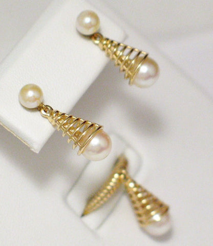Gold Earrings | Amazing14k Gold Spiral Design Pearl Earrings & Ring Set | Jewelry