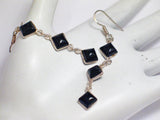 Sterling Silver Earrings black onyx stone square chandelier dangle drop hook post - Blingschlingers Jewelry
