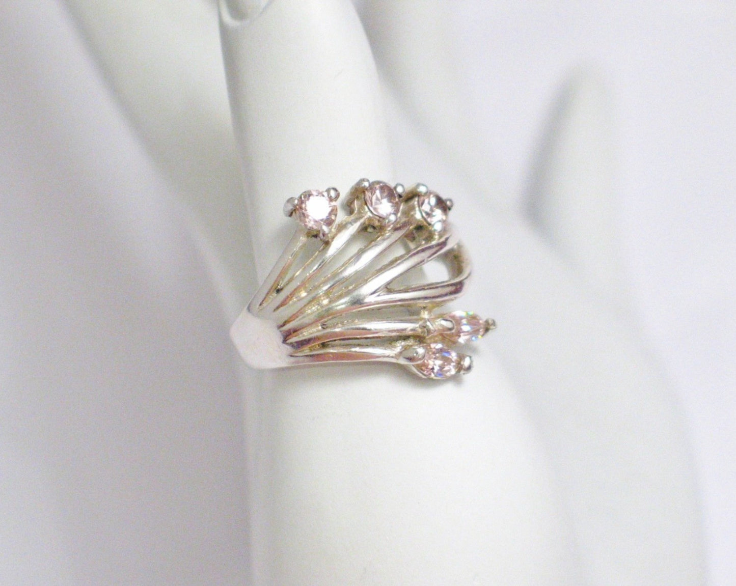 Statement Ring, Beautiful Wide Sterling Silver Pink Stone Spray Design Cocktail Ring