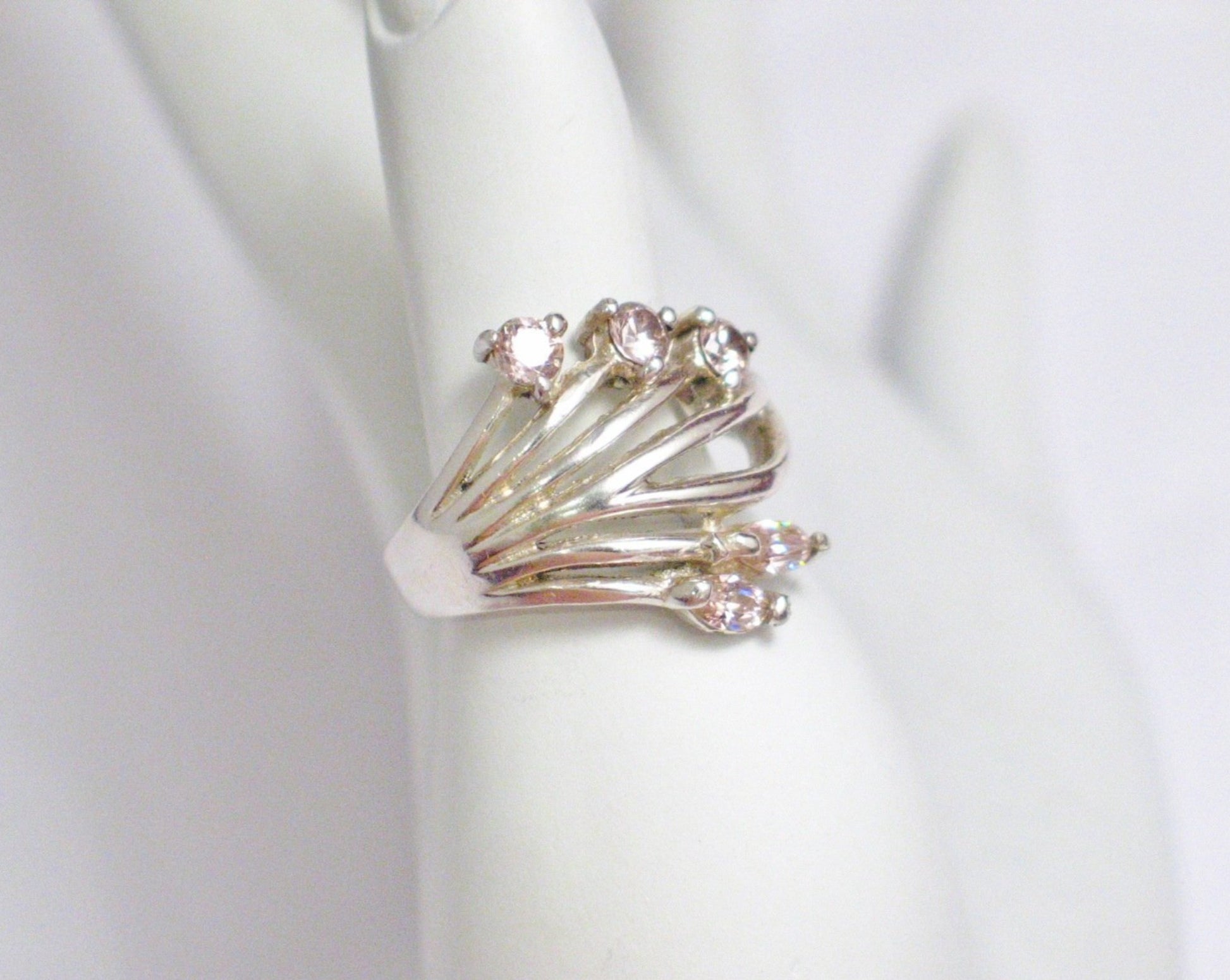 Statement Ring, Beautiful Wide Sterling Silver Pink Stone Spray Design Cocktail Ring