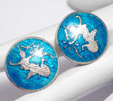 Earrings | Womens Large Blue Guilloche Siam Goddess ClipOn Earrings | Vintage Jewelry