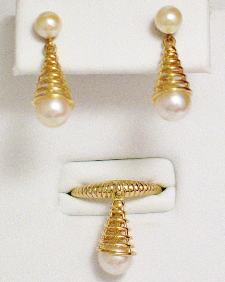 14k Gold Earrings + Ring Bundle Matching Spiral Design Pearl Jewelry Set