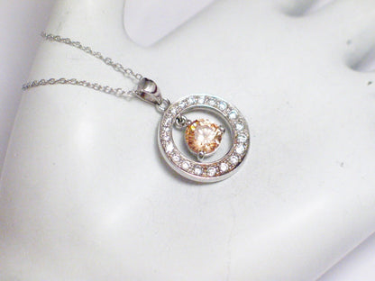 Sterling Silver Champagne Cubic Zirconia Halo Pendant Necklace 18"