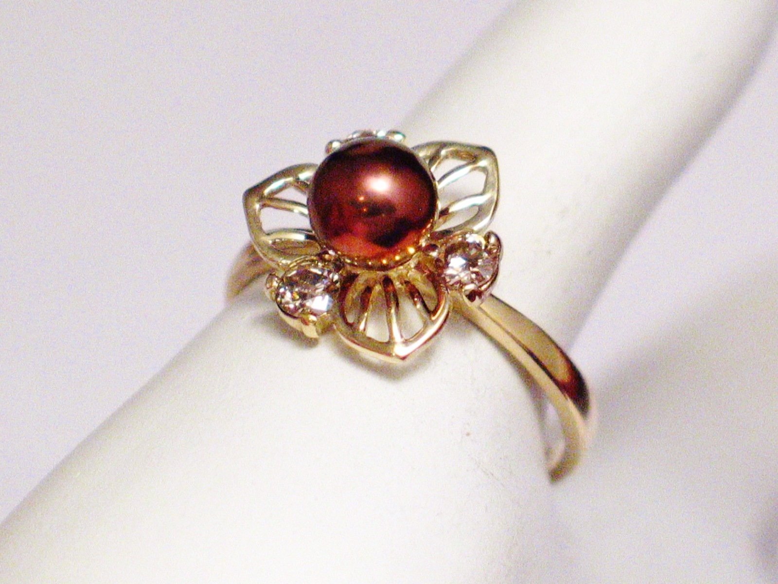 14k Gold Pearl Ring Women Flower Design Champagne Diamond Chocolate Pearl Cocktail Ring