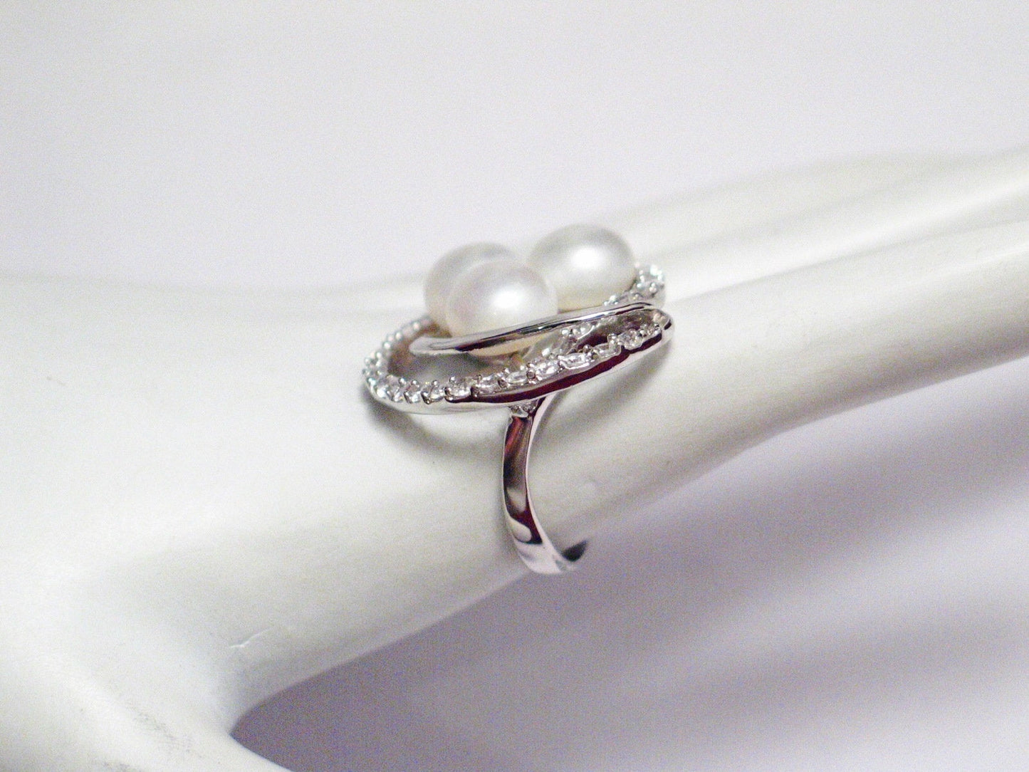 Big Ring, Woman's White Pearl Glittery Cz Stone Wide Spiral Halo Design Cocktail Statement Ring