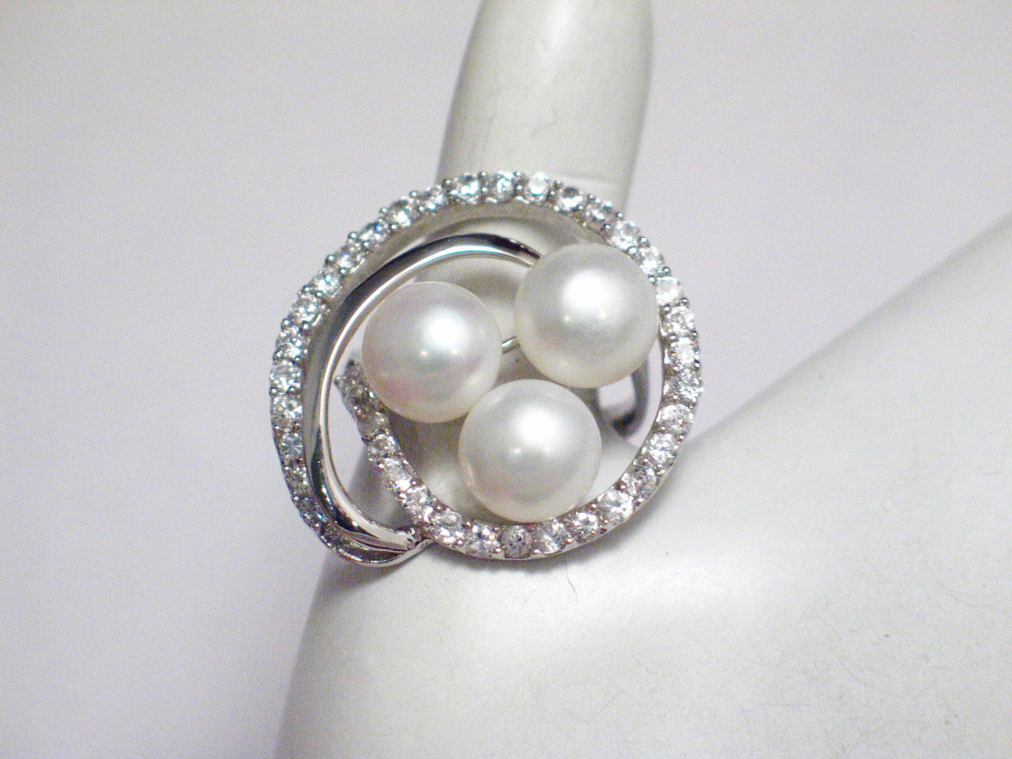 Ring | Womens Big Sterling Silver Glittery Cz & White Pearl Spiral Cocktail Ring  8.75 | Blingschlingers Jewelry