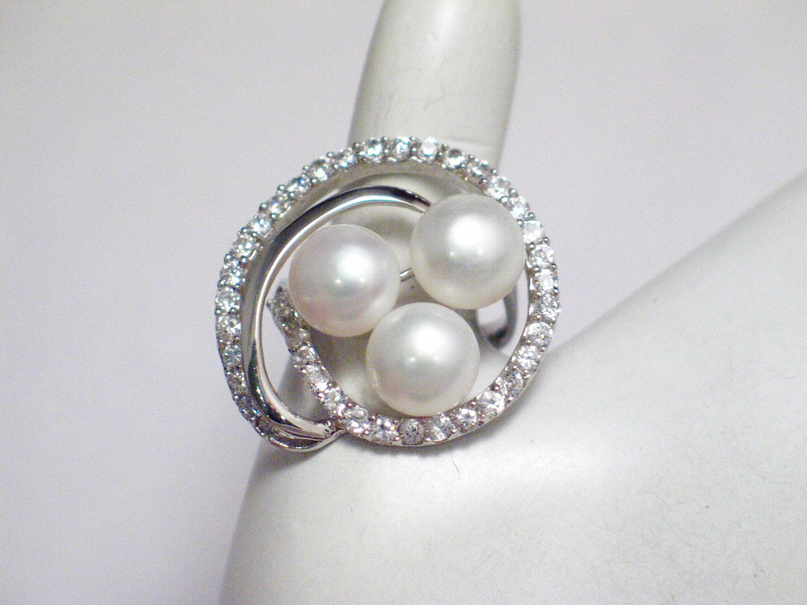 Ring | Womens Big Sterling Silver Glittery Cz & White Pearl Spiral Cocktail Ring  8.75 | Blingschlingers Jewelry