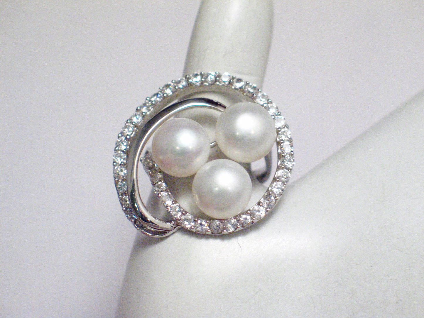 Big Ring, Woman's White Pearl Glittery Cz Stone Wide Spiral Halo Design Cocktail Statement Ring