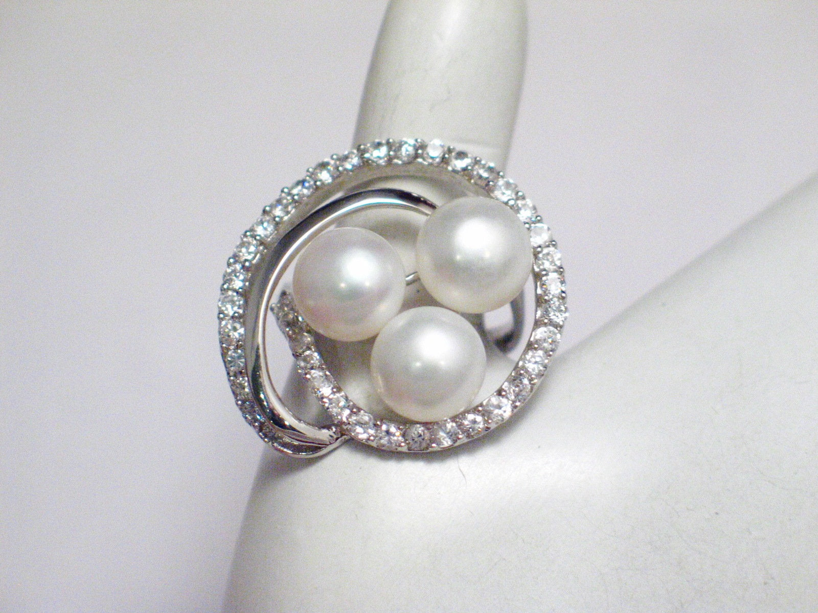 Big Ring, Woman's White Pearl Glittery Cz Stone Wide Spiral Halo Design Cocktail Statement Ring