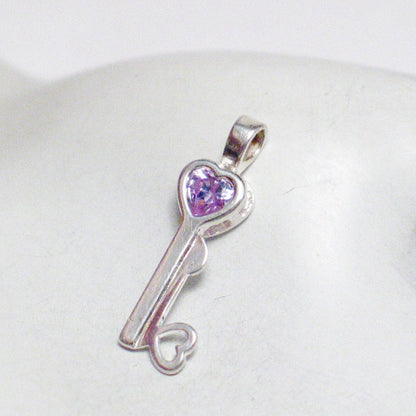Birthstone Jewelry, Womens Pre-owned Purple Cz Heart Sterling Silver Key Design Pendant
