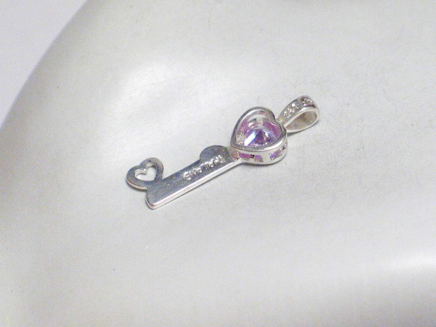 Sterling Silver Pendant lavender pink heart key charm skeleton design birthstone or Love theme - Blingschlingers Jewelry