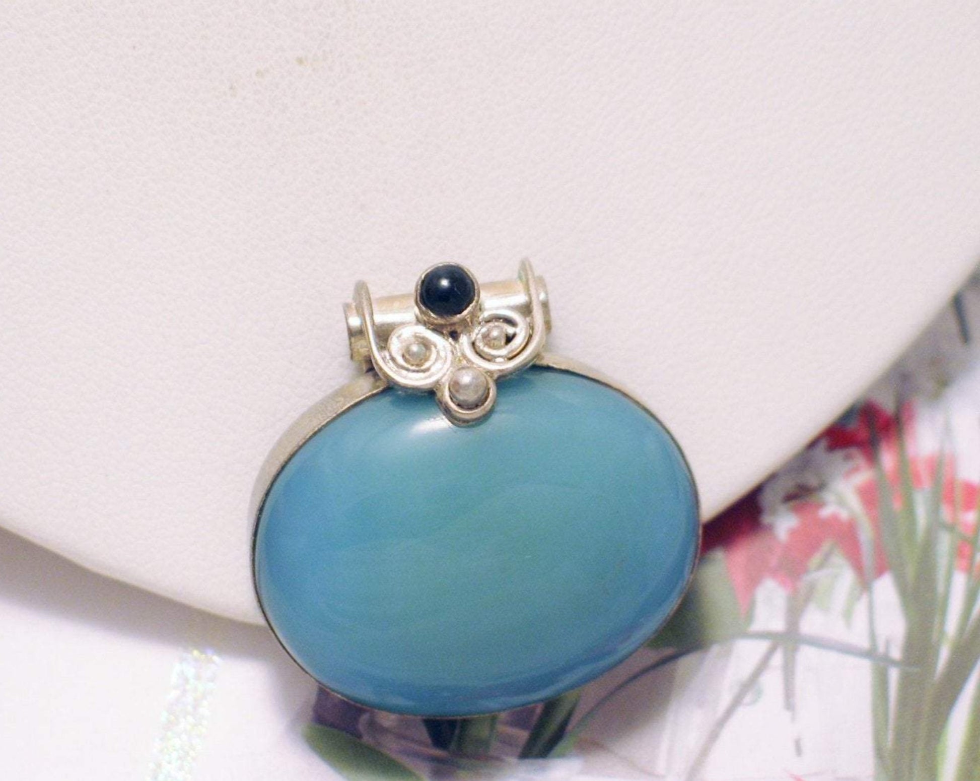 Silver Pendants | Sterling Silver Horizontal Oval Blue Chalcedony Stone Pendant | Jewelry - Blingschlingers Jewelry