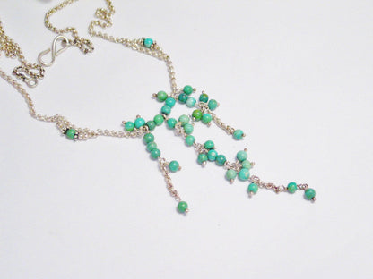 Tassel Necklace, Cascading Green Turquoise Stone Beaded Sterling Silver Y Necklace - Womens Jewelry