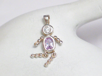 Sterling Silver Beaded Arms & Legs Pink Birthstone Boy Pendant