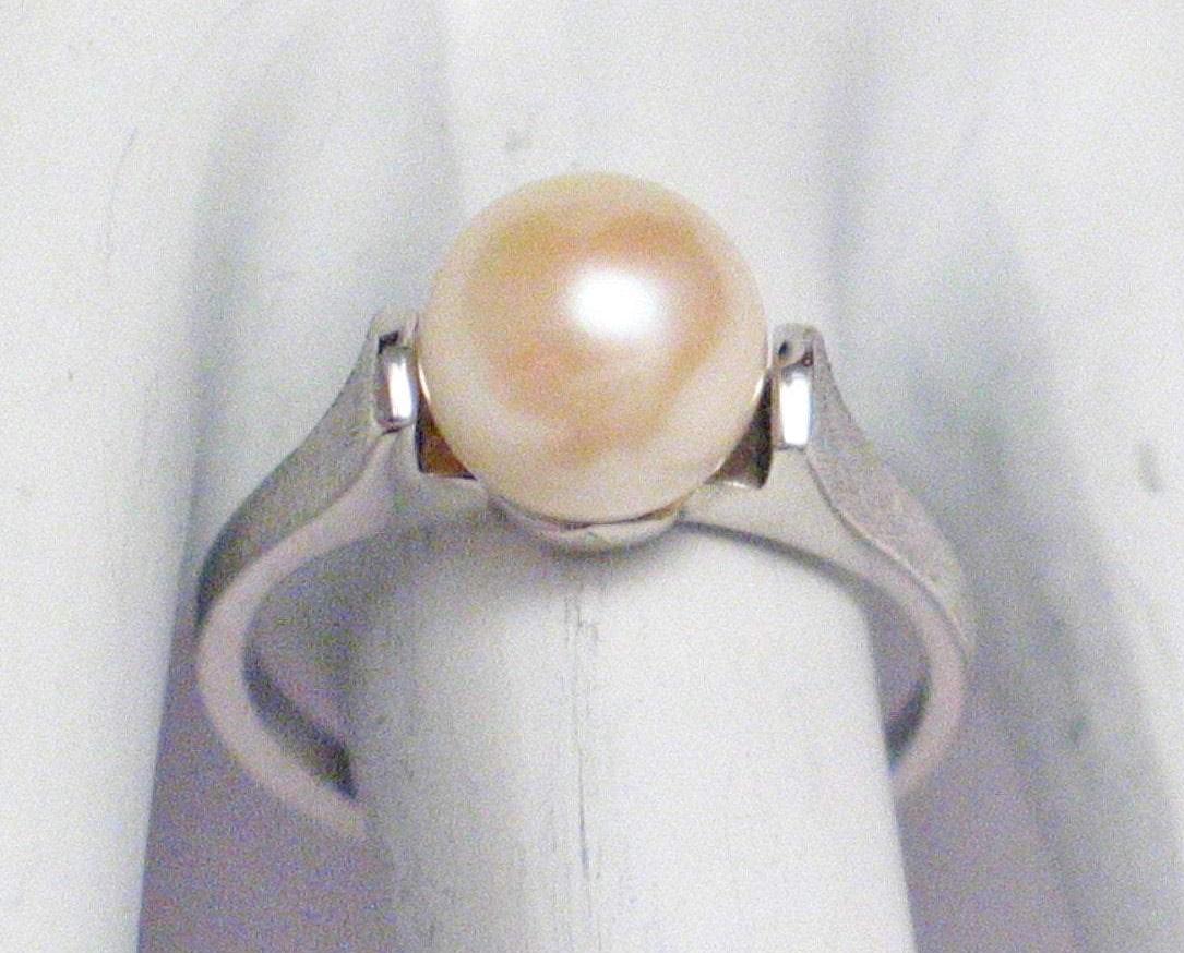 Pearl Ring, Womens sz6.25 Florentine Etched 10k White Gold Pearl Solitaire Ring - Vintage Jewelry