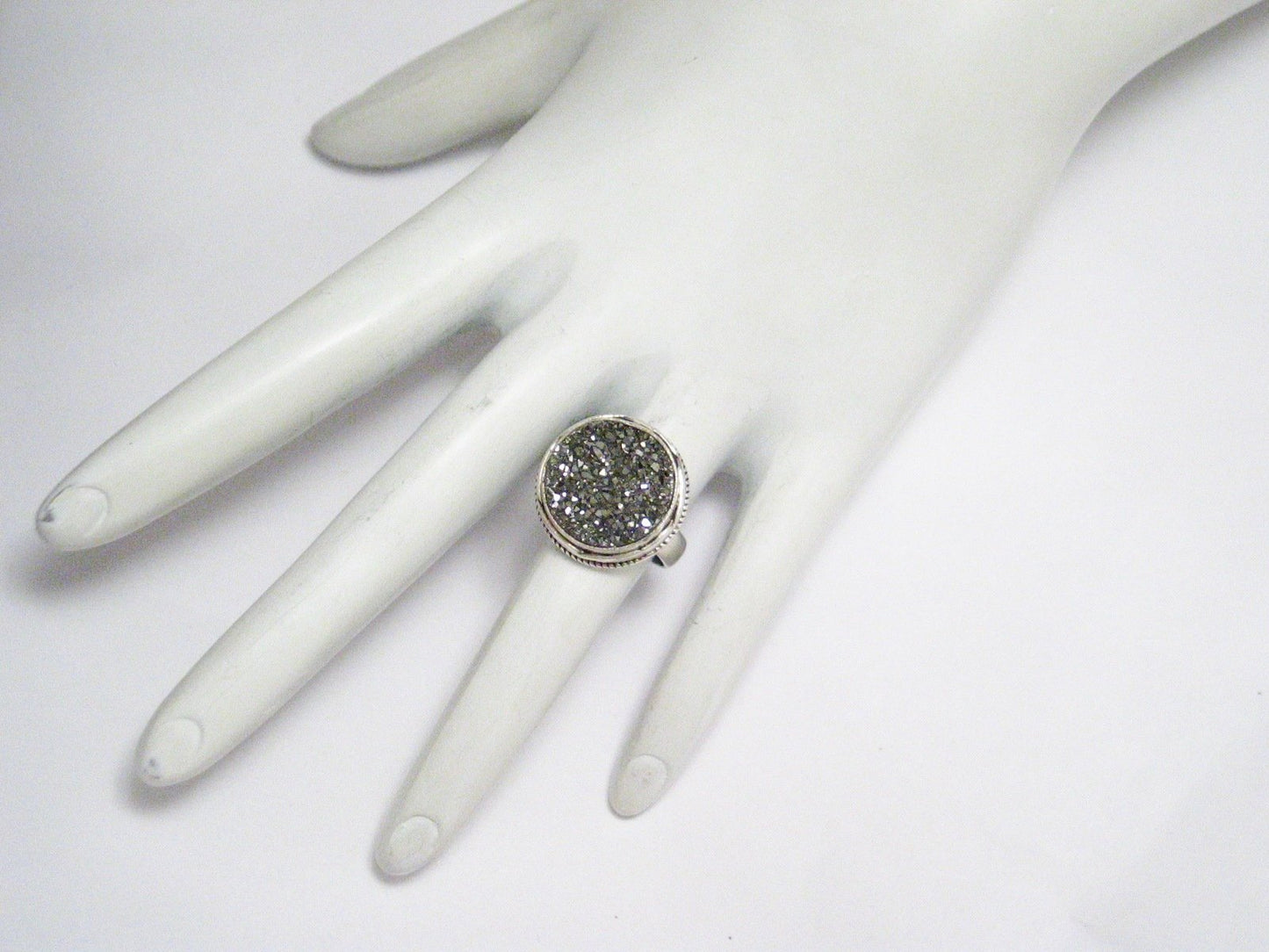 Stone Ring, Mens Womens 6 1/2 Smokey Metallic Grey Druzy Crystal Stone Sterling Silver Ring