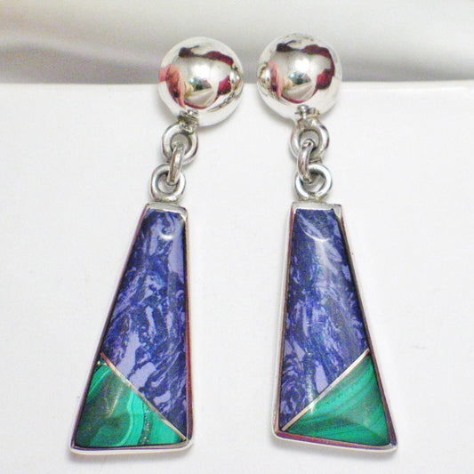 Dangle Earrings, Sterling Silver Purple Charoite Green Malachite Color Block Triangle Design Dangle Earrings - Blingschlingers Estate Jewelry