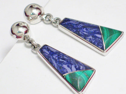 Dangle Earrings, Sterling Silver Purple Charoite Green Malachite Color Block Triangle Design Dangle Earrings - Estate Jewelry