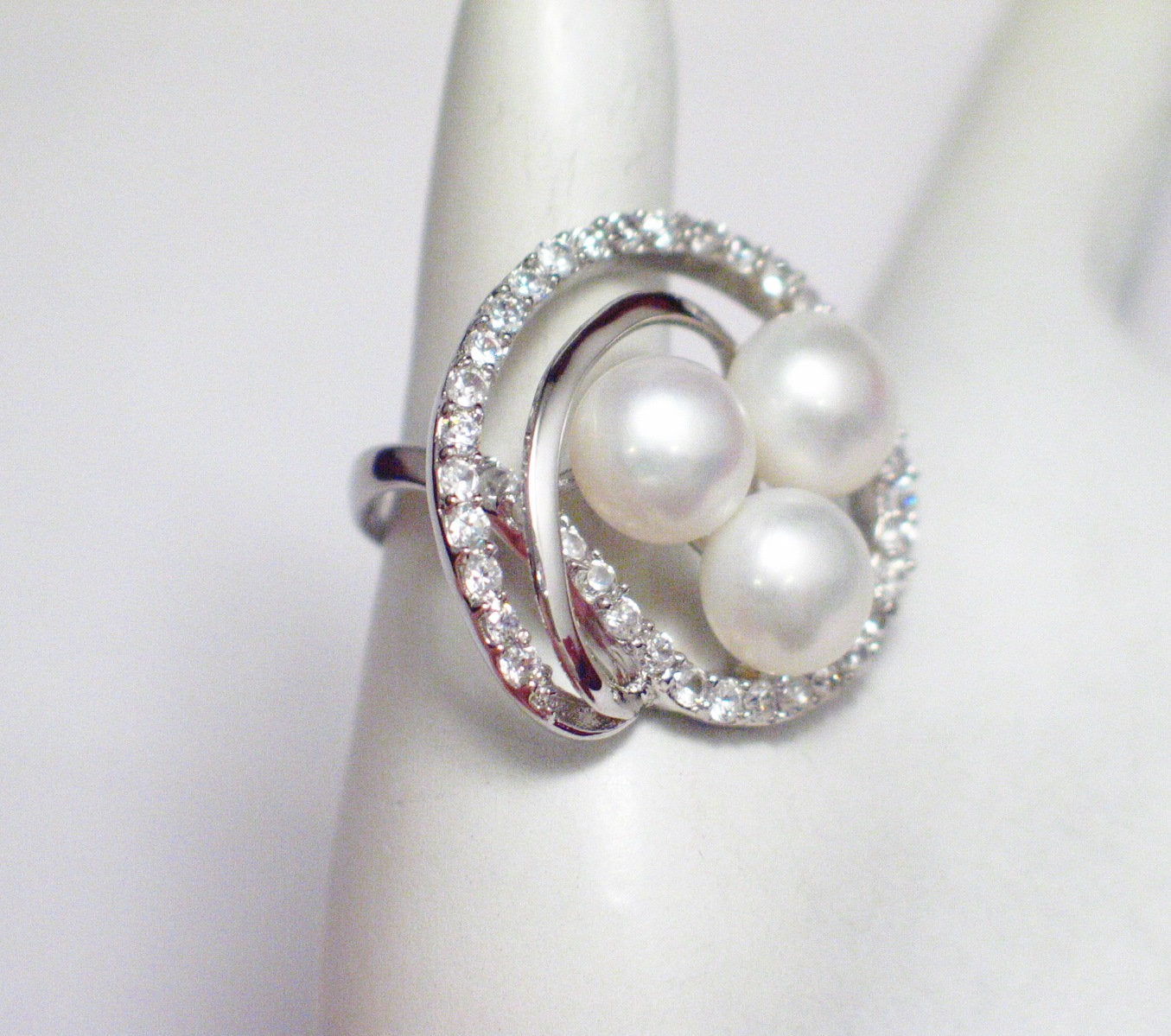 Pearl Ring, Woman's White Glittery Cz Stone Wide Spiral Halo Design Cocktail Statement Ring