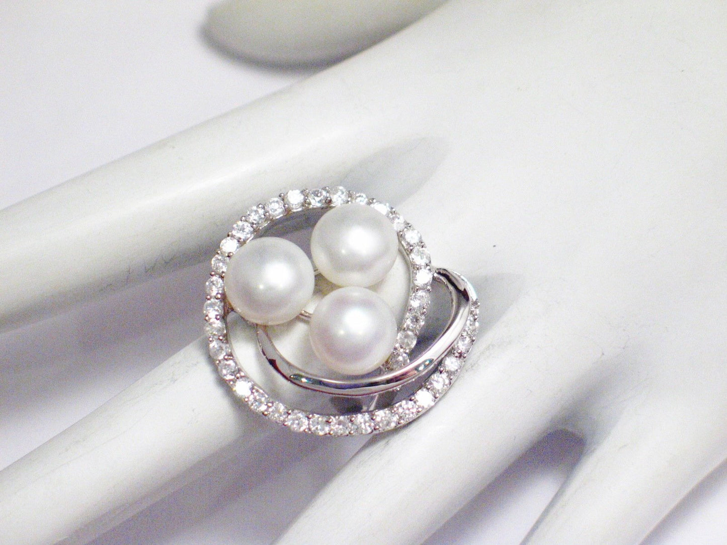 Big Ring, Woman's White Pearl Glittery Cz Stone Wide Spiral Halo Design Cocktail Statement Ring