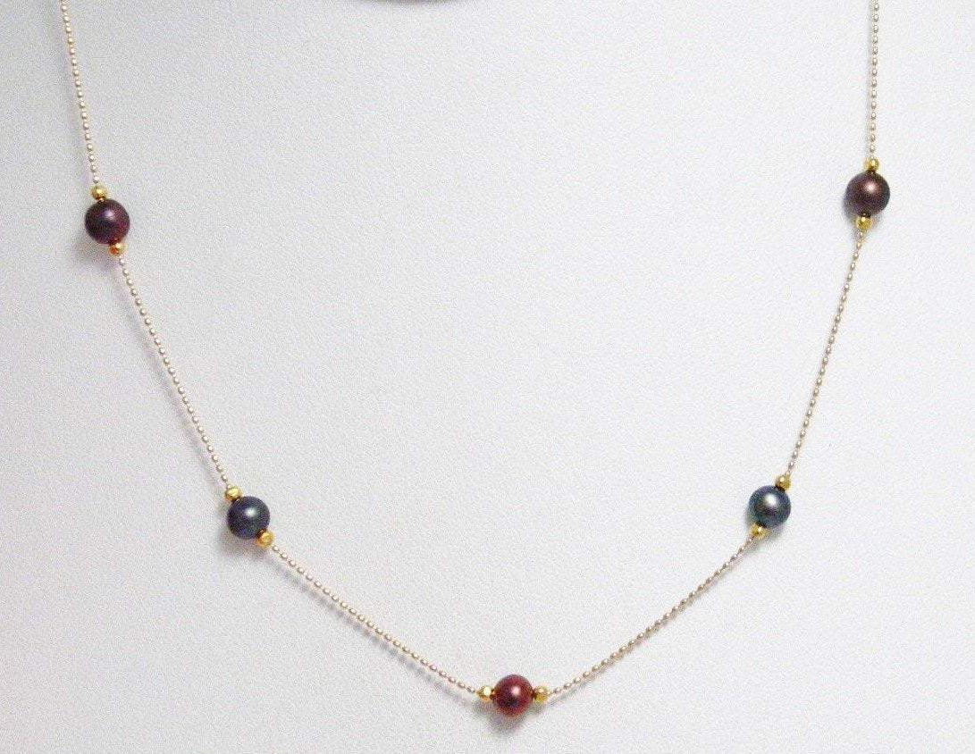 Pearl Necklace, Women's Lustrous Fancy Red Black Peacock Pearl Station Bead Ball Chain 14k Gold Necklace