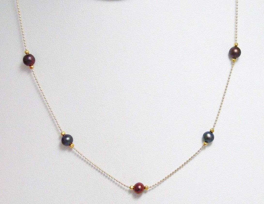 Pearl Necklace, Women's Lustrous Fancy Red Black Peacock Pearl Station Bead Ball Chain 14k Gold Necklace