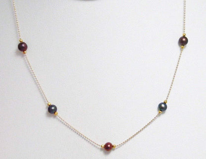 Pearl Necklace, Women's Lustrous Fancy Red Black Peacock Pearl Station Bead Ball Chain 14k Gold Necklace
