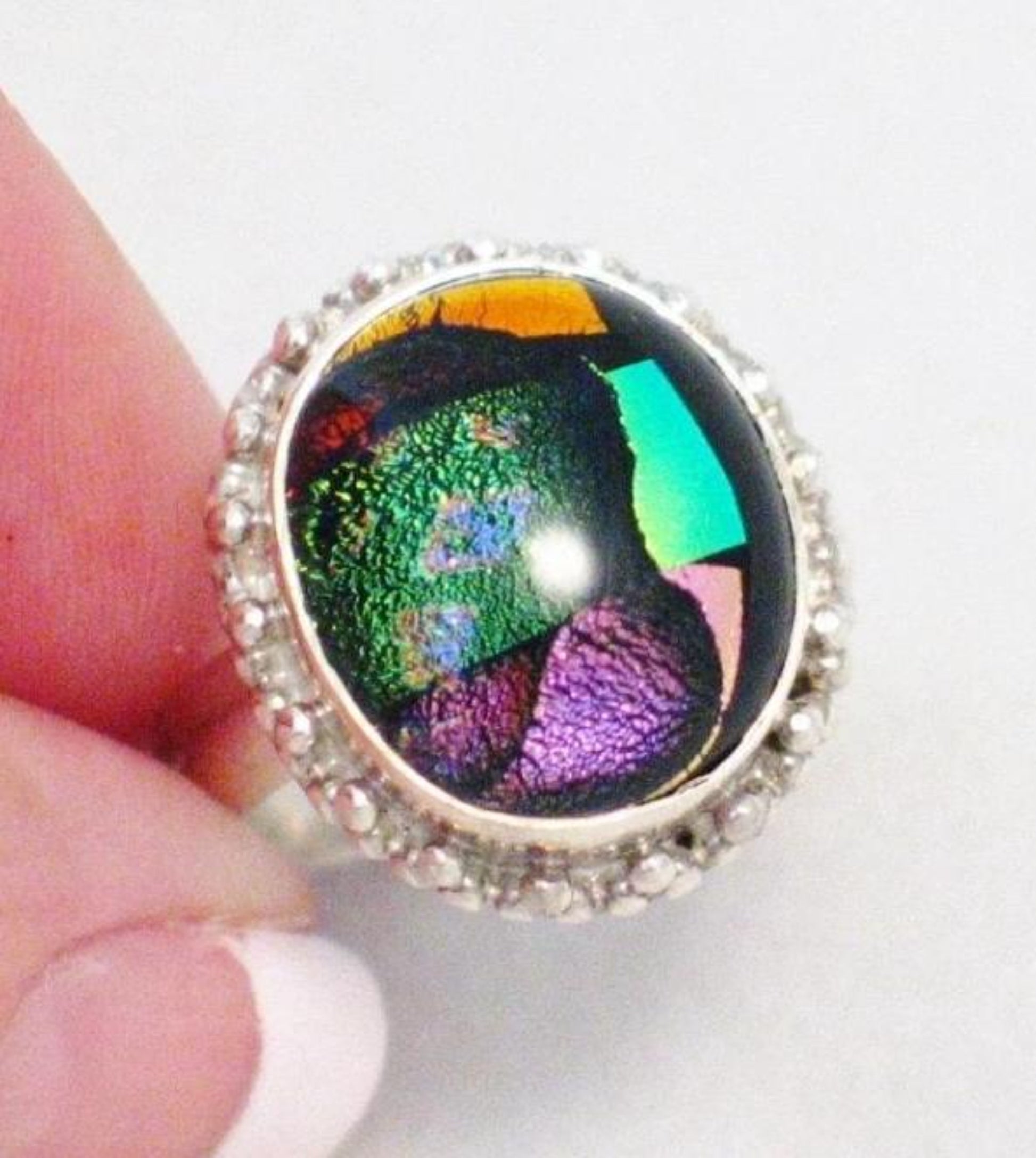 Sterling Silver Ring, sz8.75 Color Popping Dichroic Glass Modernist Art Style Statement Ring -  Blingschlingers 
