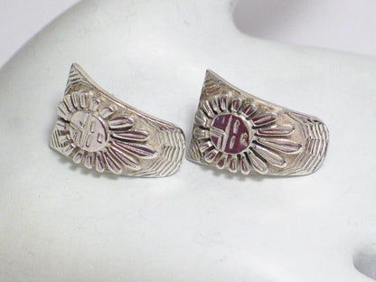 Silver Earrings, Hopi Sunflower Design Semi Hoop Style Sterling Silver Earrings - Vintage Jewelry online