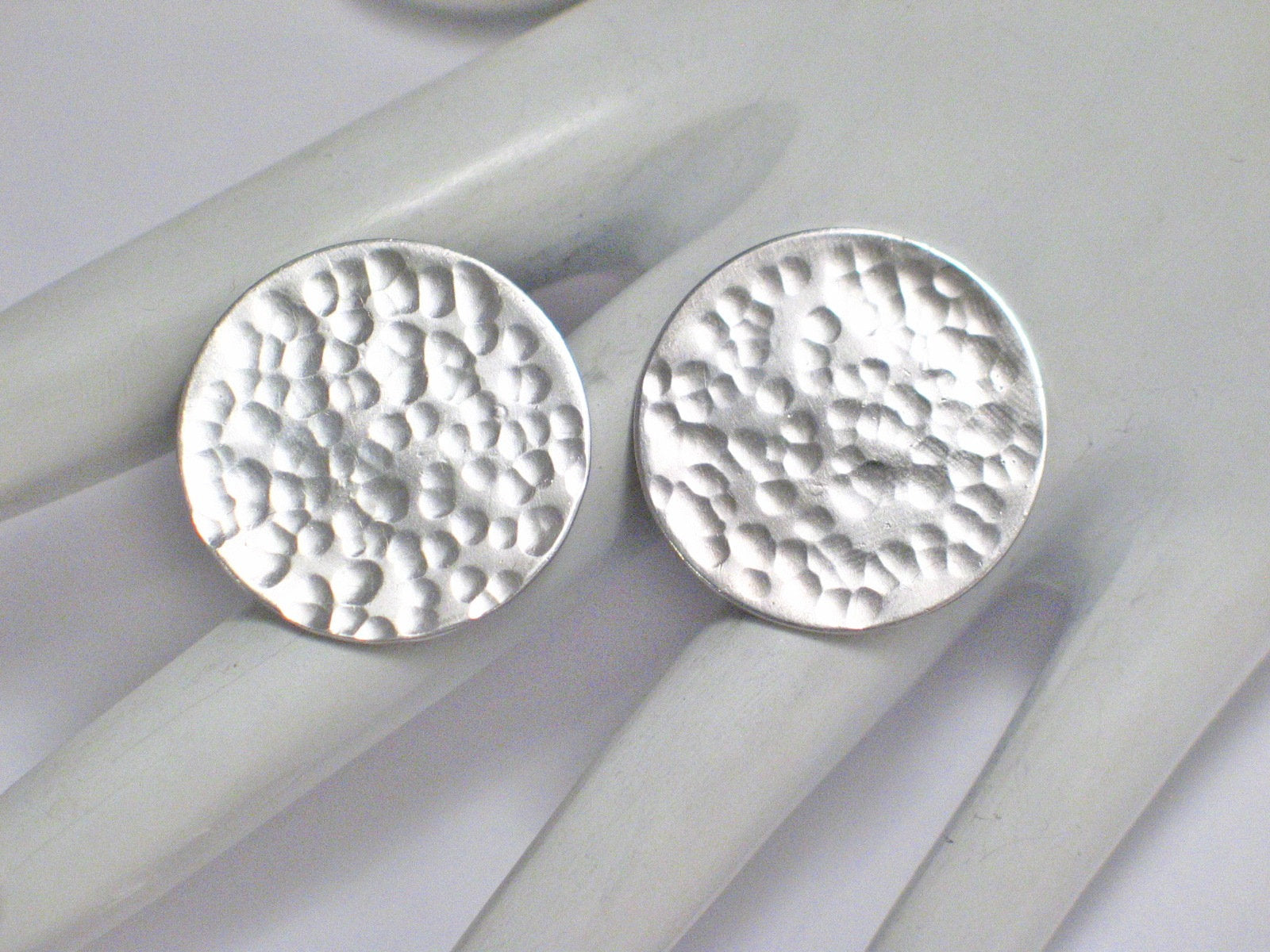 Big Stud Earrings, Womens Estate Hammered Style Large Round Sterling Silver Earrings