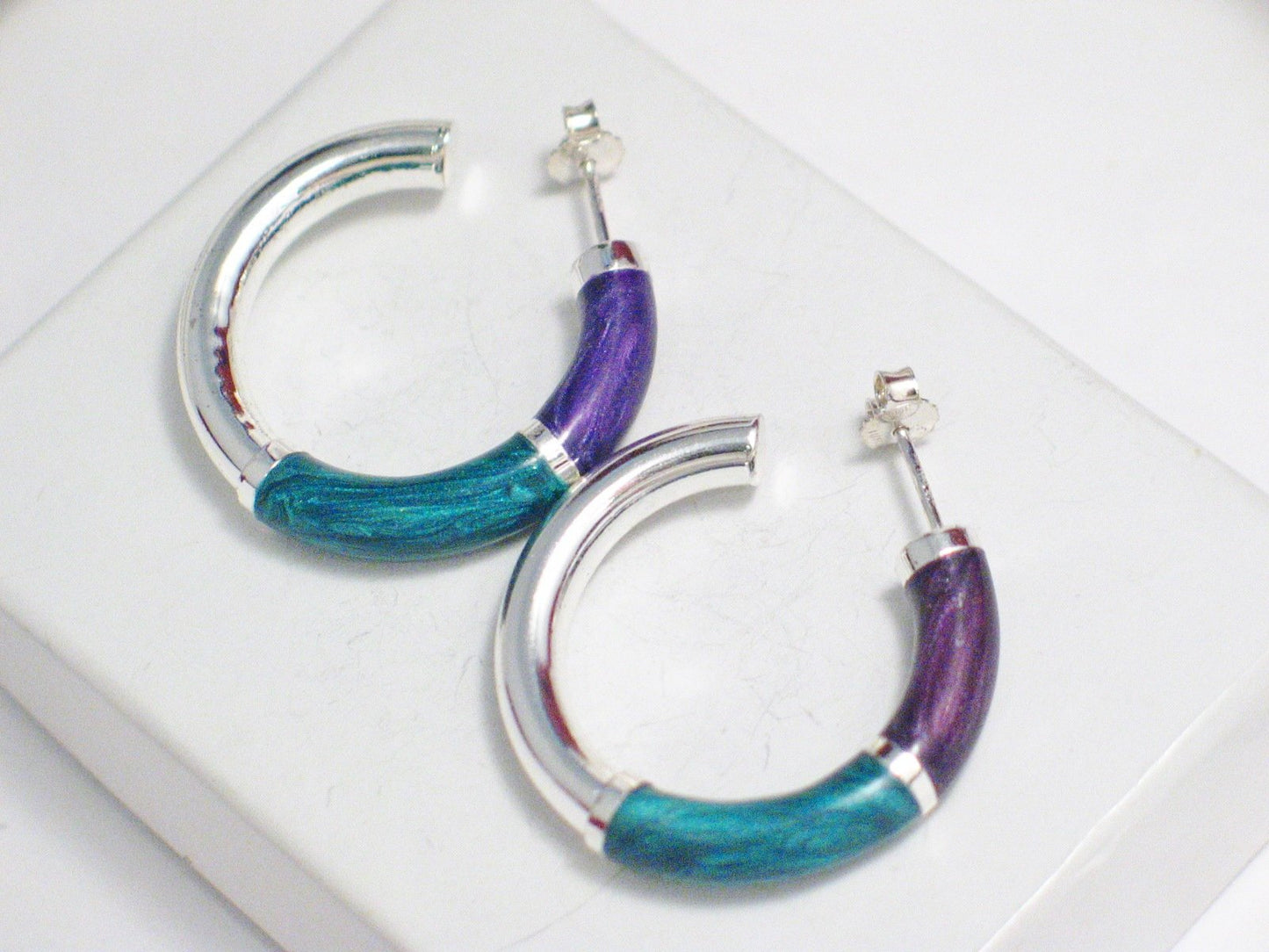 Earrings | Imperfect Sterling Silver Purple Green Enamel Tube Hoop Earrings | Jewelry