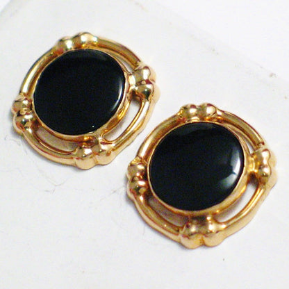 Gold Stone Earrings, Womens Pre-owned Jewelry Black Onyx Halo Style 14k Gold Stud Earrings