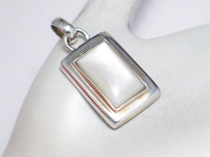 Stone Pendant Sterling Silver, Unisex Style Geometric Rectangle Design White Pearl Pendant