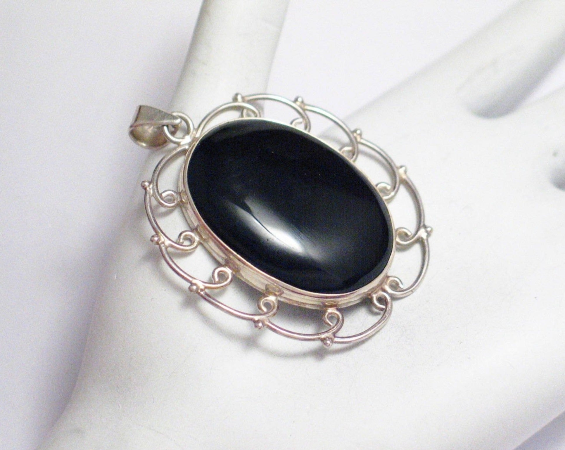Silver Pendants | Large Bold Oval Sterling Silver Looped Design Black Stone Pendant | Discount Jewelry online at  Blingschlingers Jewelry
