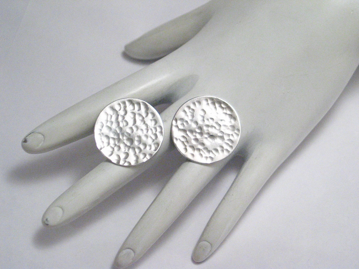Big Stud Earrings, Womens Estate Hammered Style Large Round Sterling Silver Earrings - Blingschlingers Jewelry