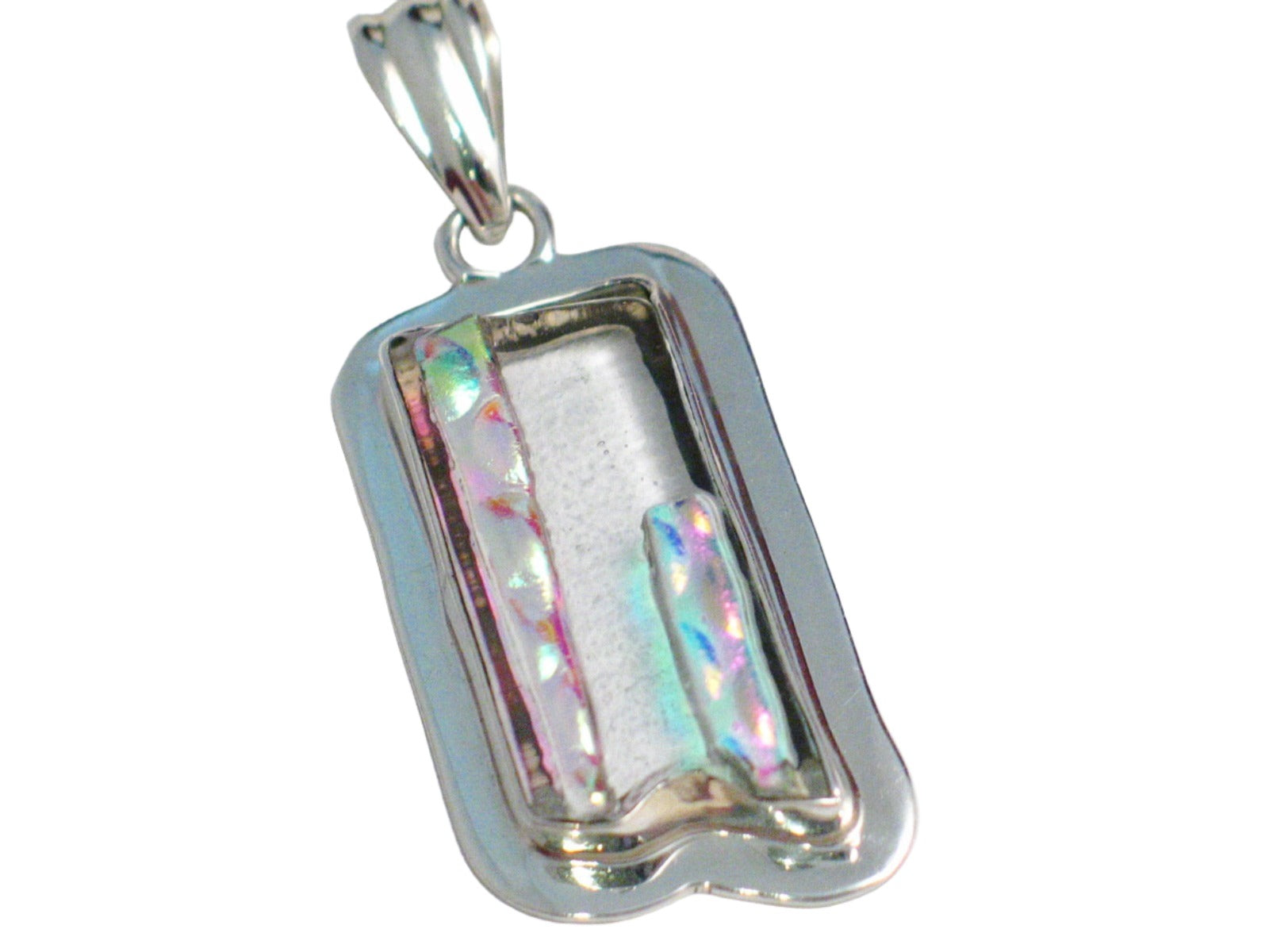 Big Stone Pendant, Modernist Style OOAK Iridescent Abstract City Skyline Design Dichroic Glass Sterling Silver Pendant