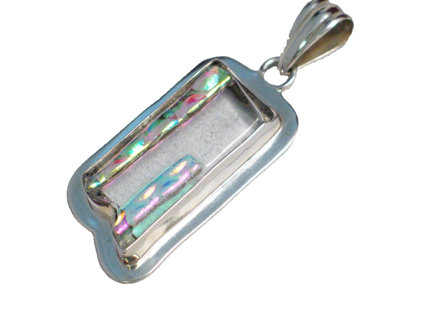 Big Stone Pendant, Modernist Style OOAK Iridescent Abstract City Skyline Design Dichroic Glass Sterling Silver Pendant