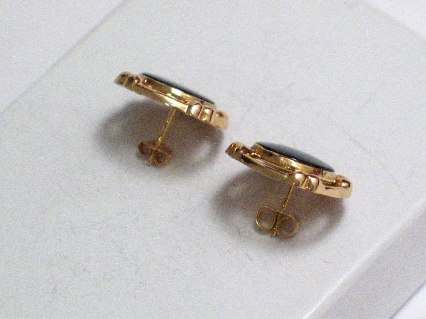 14k Gold Haloed Black Onyx Stone Earrings