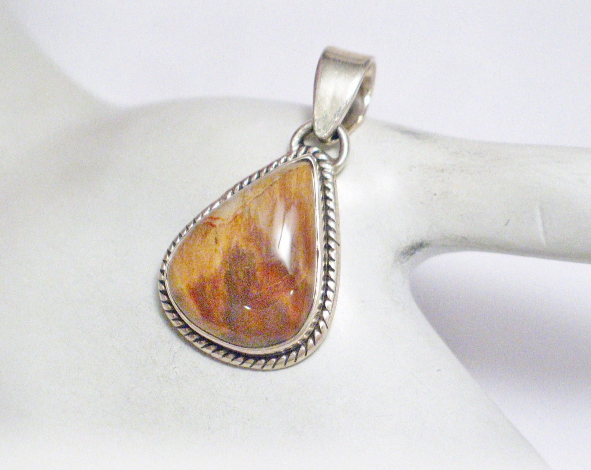 Sterling Silver Pendant, Mens Womens Natural Brown Agate Stone Teardrop Pendant