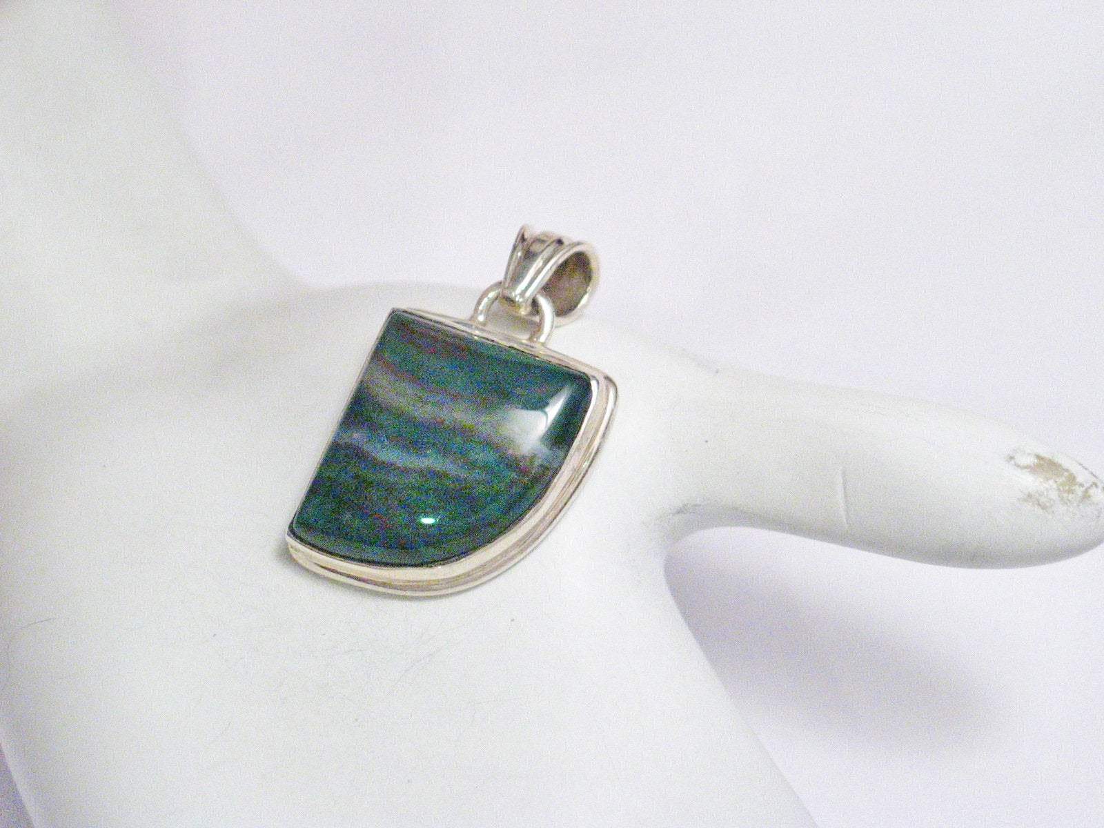 Stone Pendant, Quarter Oval Design Unique Green Natural Bloodstone Sterling Silver Pendant