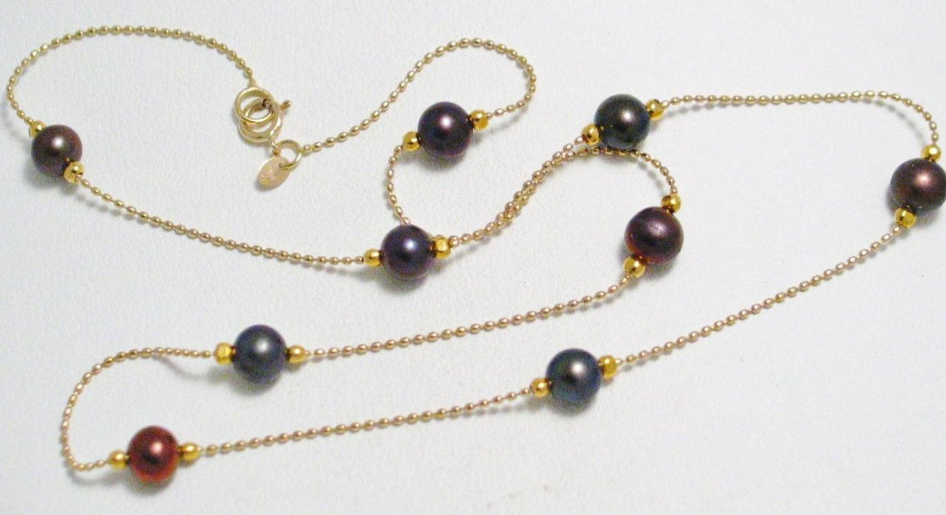 Pearl Necklace, Women's Lustrous Fancy Red Black Peacock Pearl Station Bead Ball Chain 14k Gold Necklace