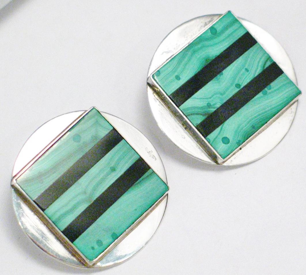 Big Stud Earrings, Sterling Silver Bold Geometric Circle, Square Design Green Malachite Stone Earrings