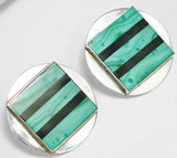 Silver Earrings | Bold Sterling Geometric Black Green Malachite Stone Circle Earrings | Estate Jewelry online