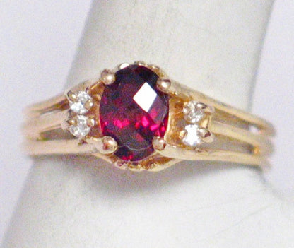 Ring | Womens 14k Gold Red Garnet White Diamond Cathedral Style Ring | Jewelry