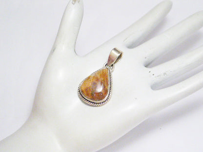 Sterling Silver Pendant, Mens Womens Natural Brown Agate Stone Teardrop Pendant