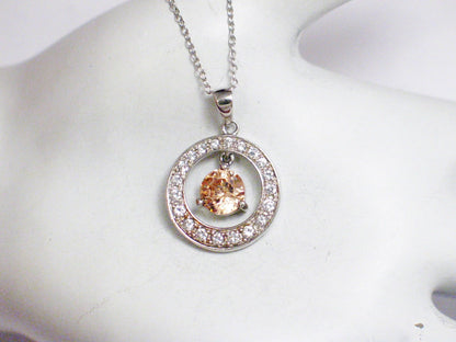 Sterling Silver Champagne Cubic Zirconia Halo Pendant Necklace 18"