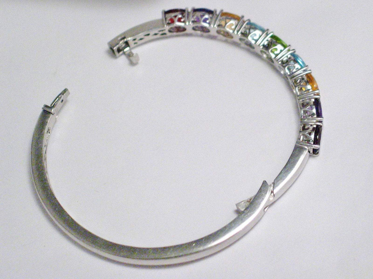Bangle Bracelet, Womens Pre-owned Multi Gemstone Hinged Tennis Style Sterling Silver Bracelet
