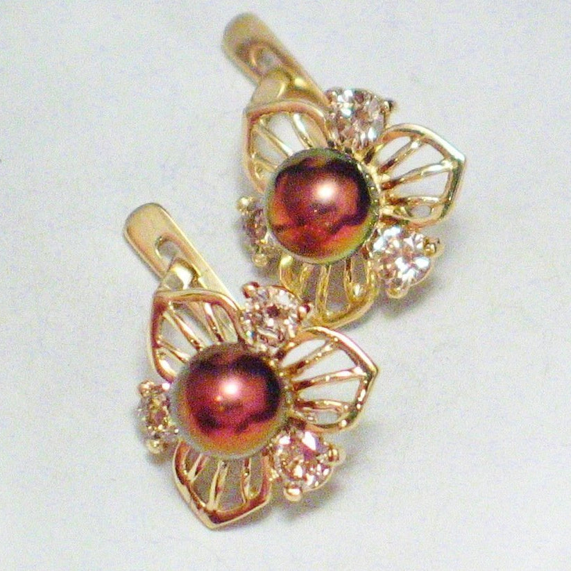 14k Gold Pearl Earrings, Estate Jewelry Flower Design Chocolate Pearl Champagne Diamond Earrings