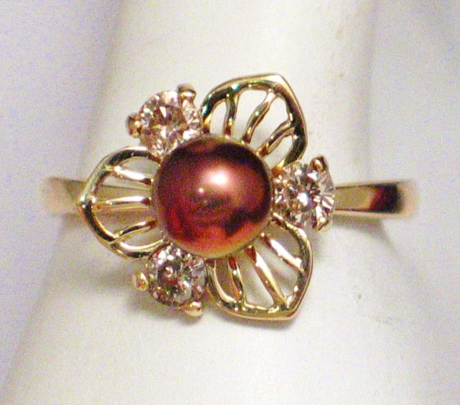 14k Gold Pearl Ring Women Flower Design Champagne Diamond Chocolate Pearl Cocktail Ring