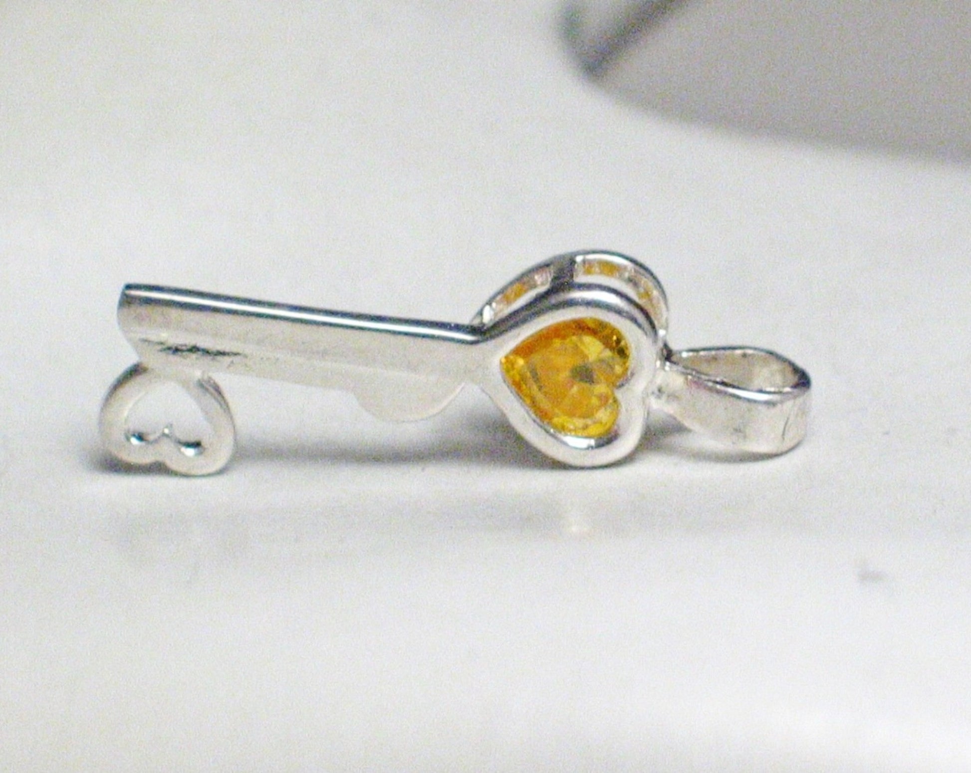 Birthstone Charm, Womens Pre-owned Sterling Silver Citrine Yellow Cz Heart Key Pendant- Blingschlingers Jewelry